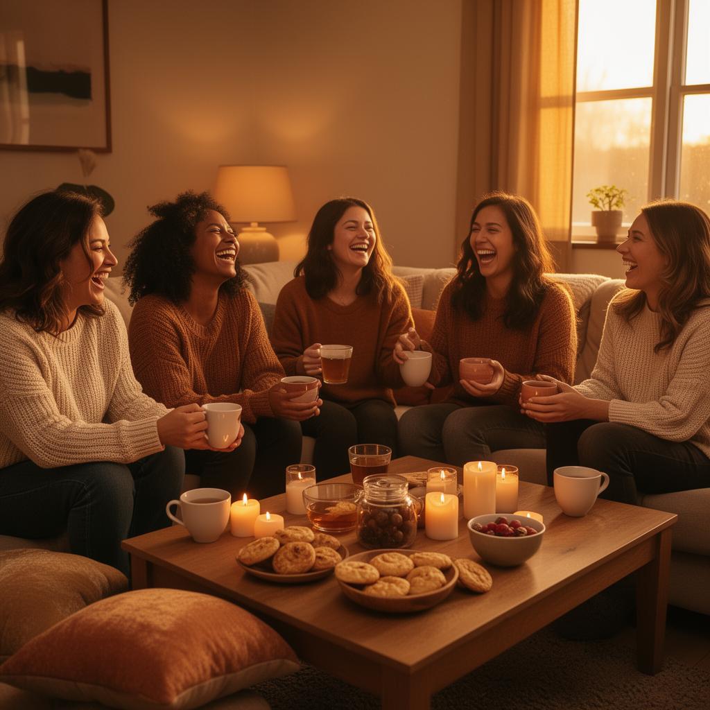 Diverse women laughing together over tea and snacks at a cozy candlelit Womenistry gathering in a warm living room